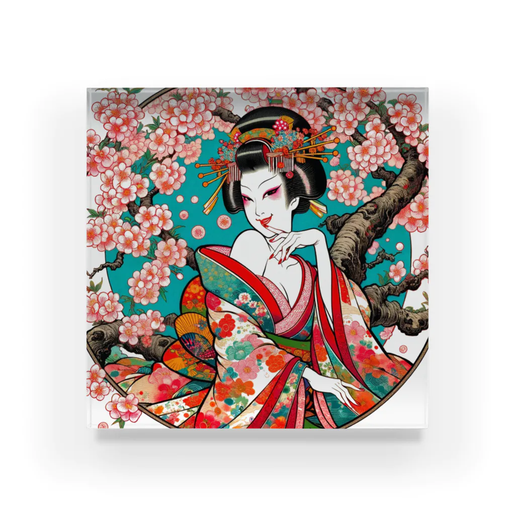 manyou-lab_Ukiyo-eの浮世絵 花魁と桜 Ukiyoe Oiran and Cherry Blossoms [UOS-DL-SR001-0007] アクリルブロック