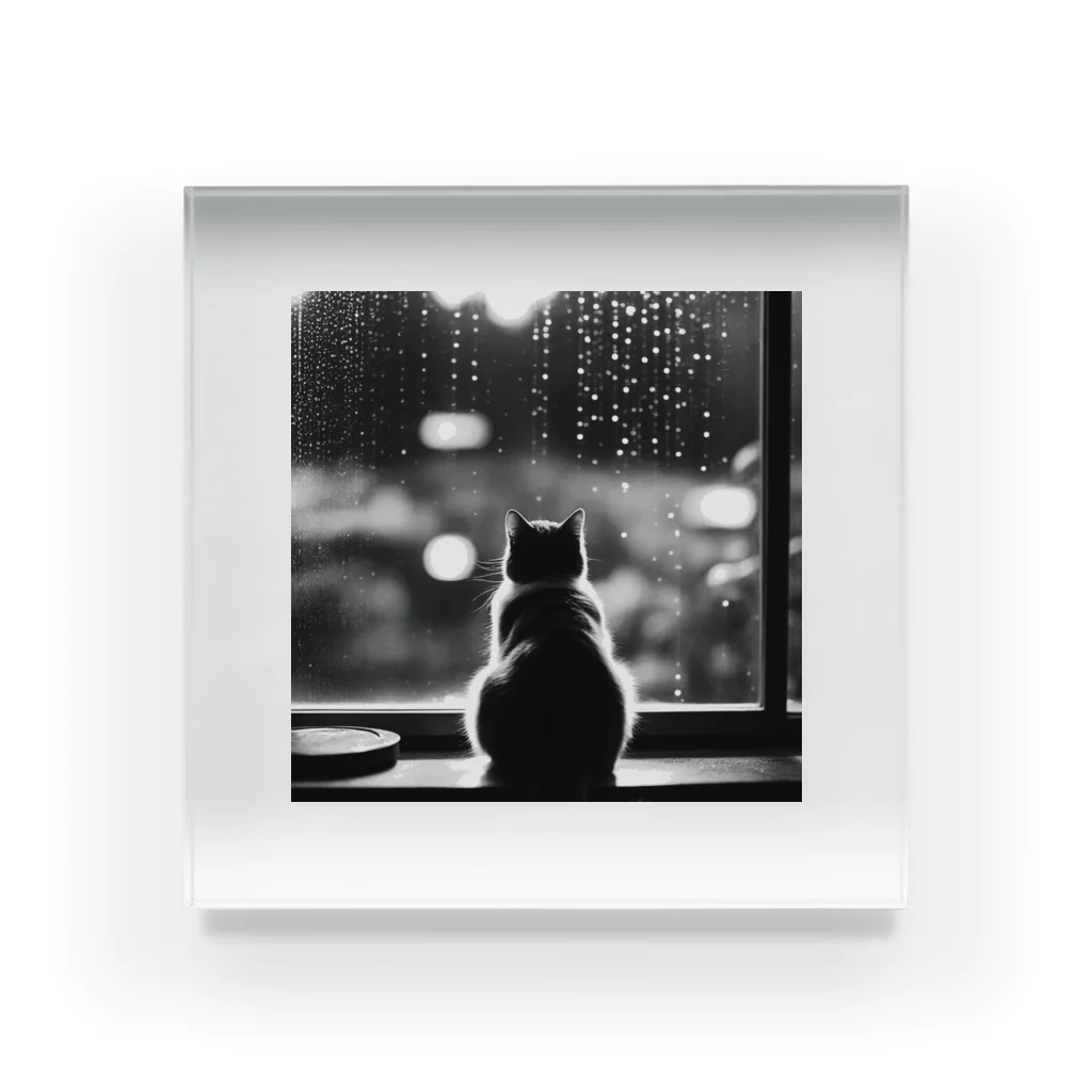 SaltyCookie Design Worksの窓の前で雨を眺めているネコ[クラシック] アクリルブロック