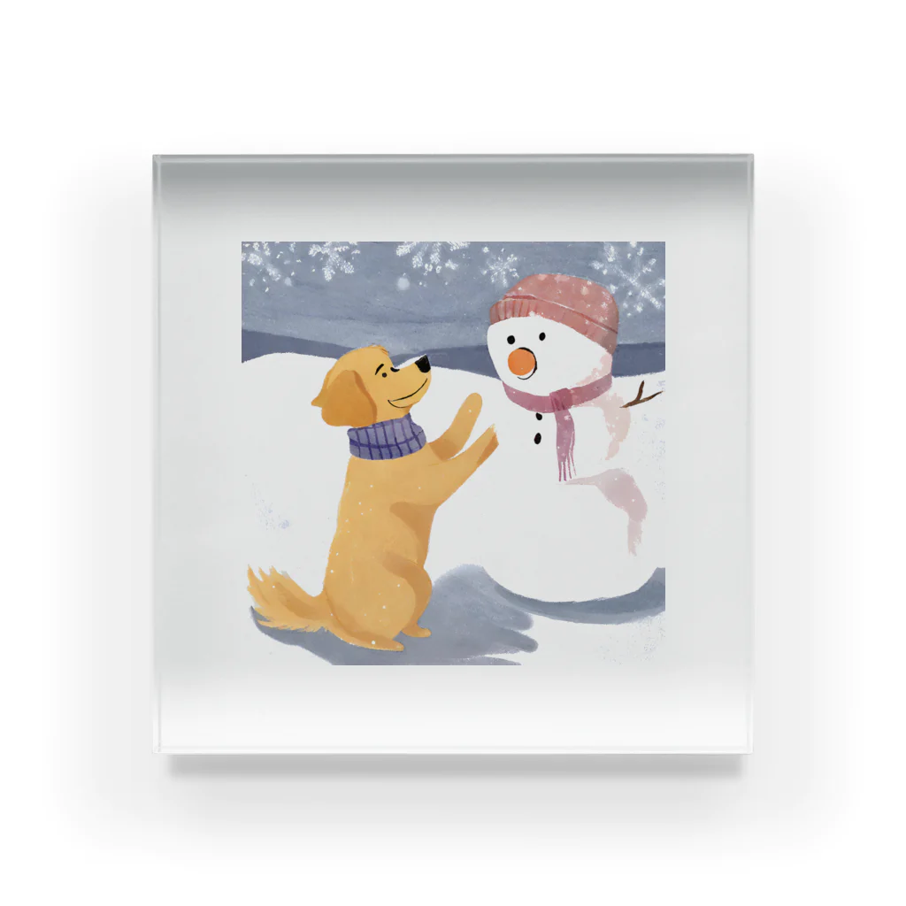 unpu-の雪だるまと犬 アクリルブロック