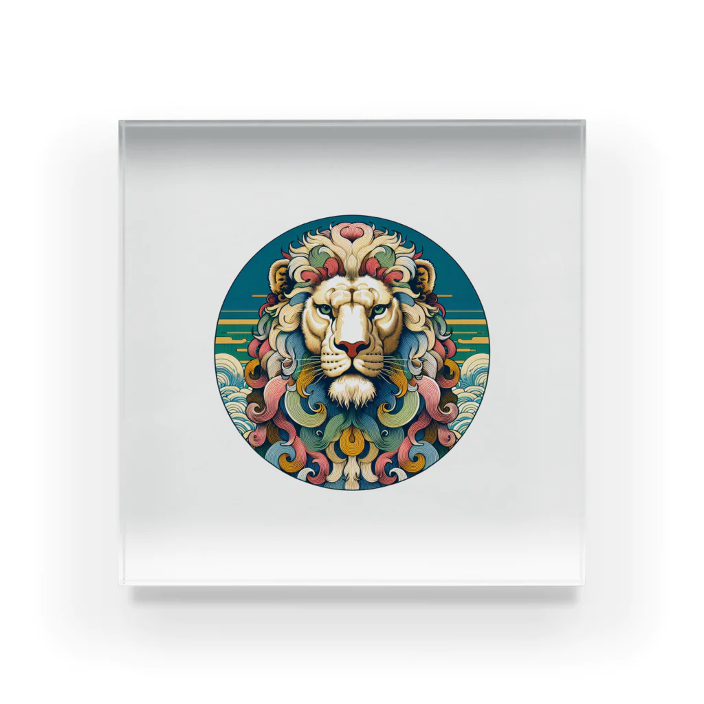chaochao0701の浮世絵風　ライオン（顔）"Ukiyo-e style lion (face)."  "浮世繪風格的獅子（臉）。" アクリルブロック