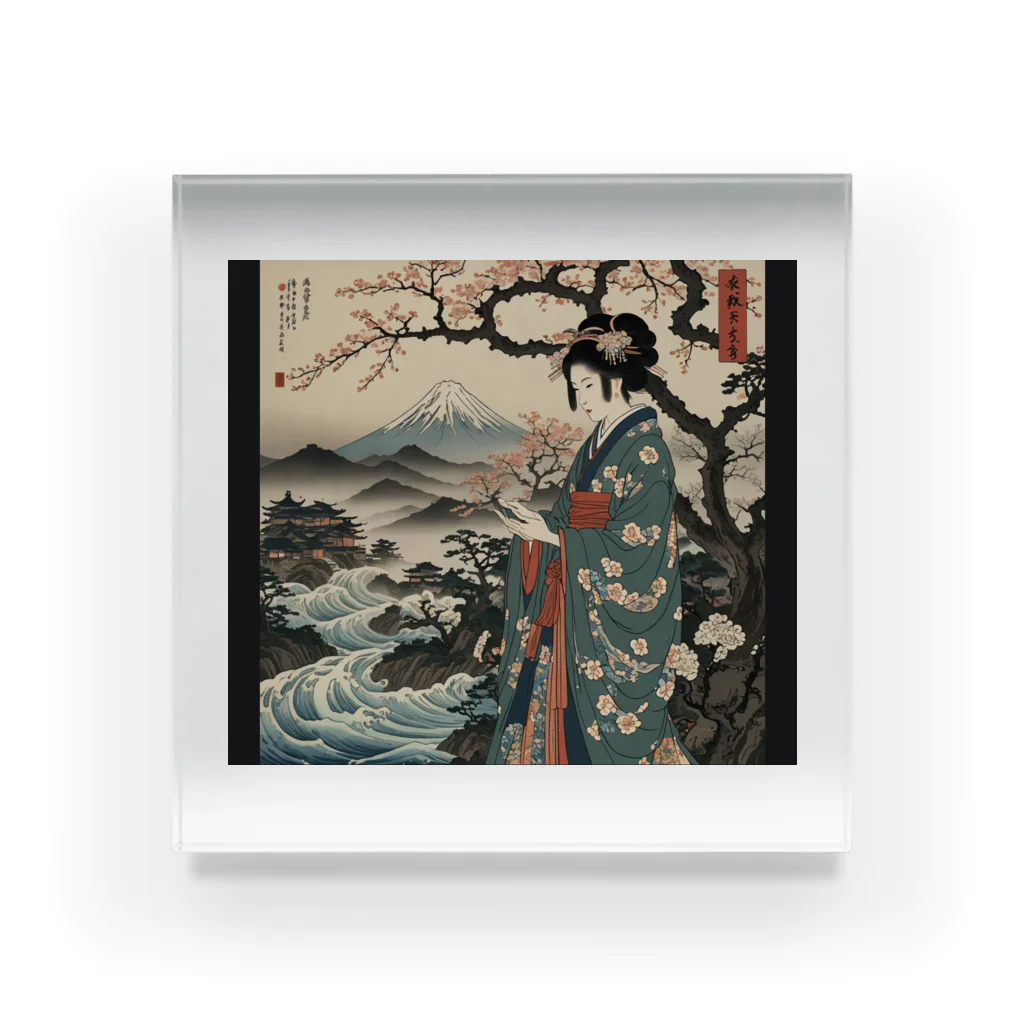 rit=ndの浮世絵　桜と着物美人画 アクリルブロック