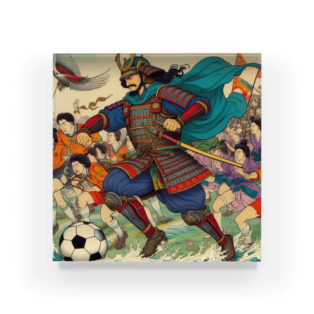 日本の風景 COOL JAPANの日本の昔と今が混在した光景:サッカーに興じる戦国武将、Japanesescenery:Sengoku warlords enjoying soccer Acrylic Block