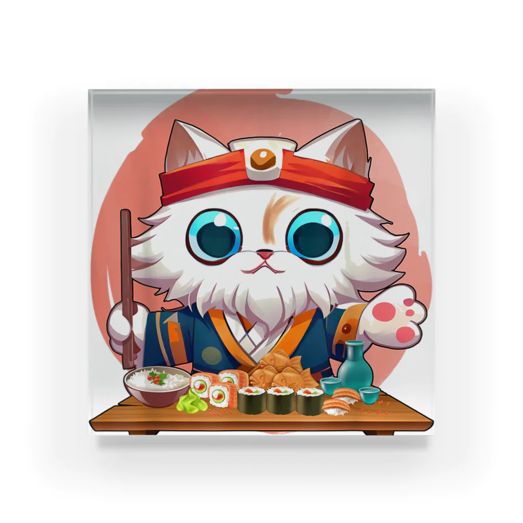 World_Teesの猫 寿司 食べる 可愛い 動物 ペット 日本 食べ物 猫 シェフ アクリルブロック
