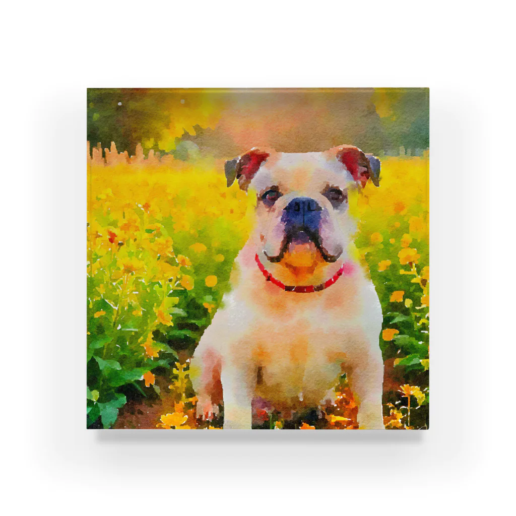 犬好きのしましまの水彩画の犬 花畑のブルドッグのイラスト Acrylic Block