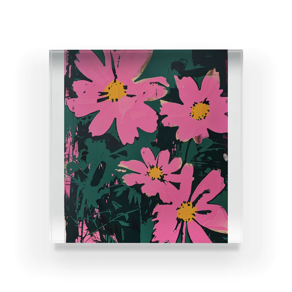 Q_kyuのPINK FLOWERS with Dark Background Acrylic Block