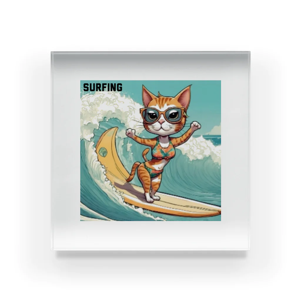 ハワイライフのSURFING猫（女の子バージョン） Acrylic Block