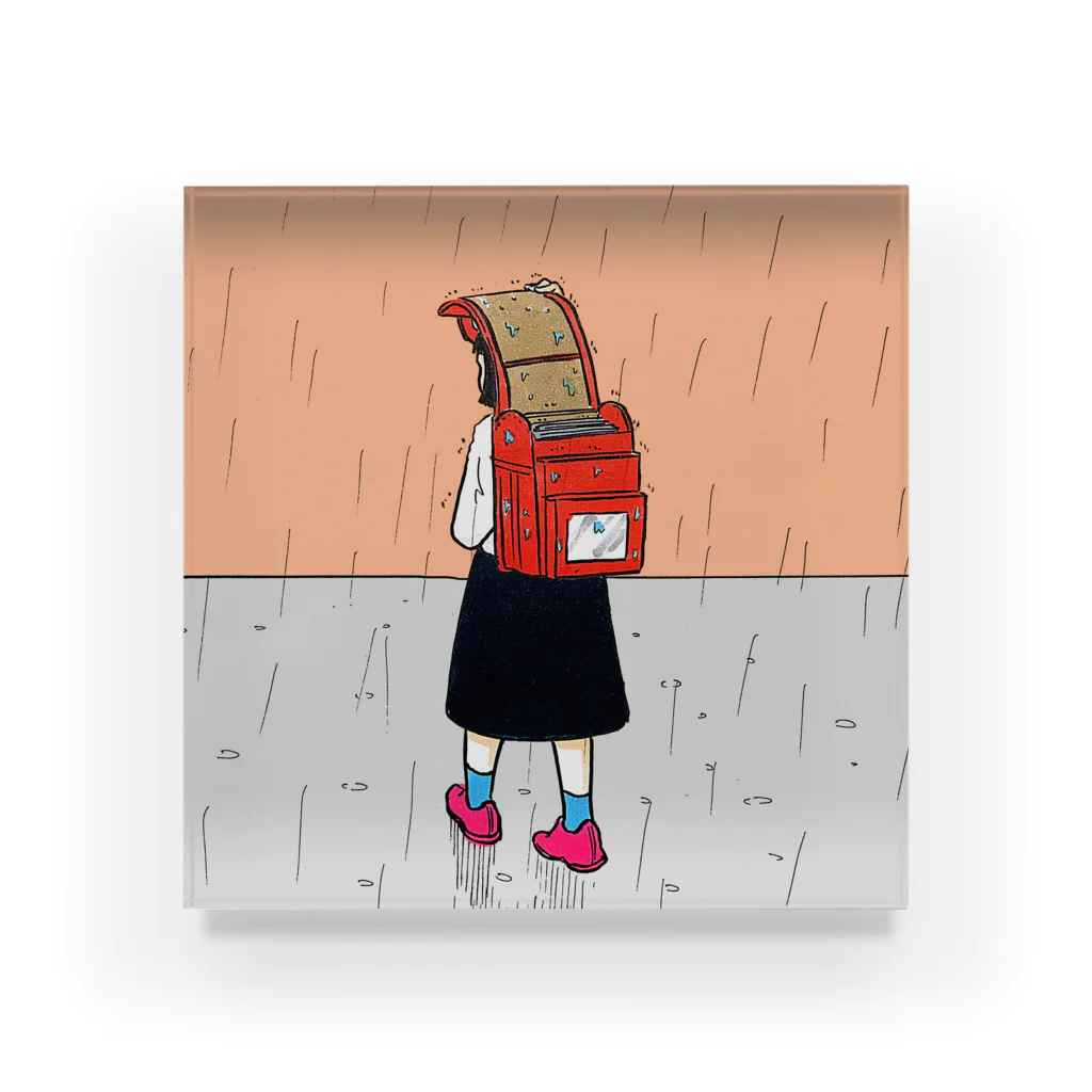 森本大百科の雨を避けるために教科書を犠牲にする少女 Acrylic Block