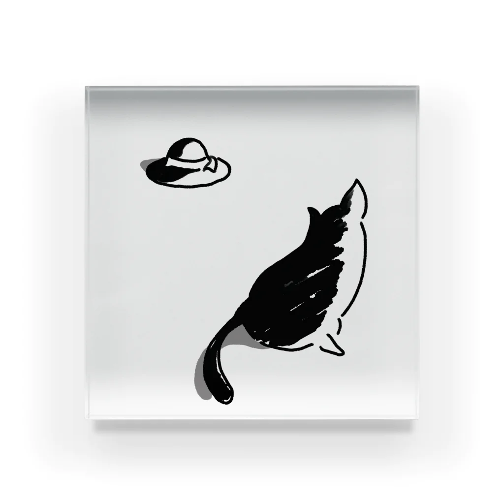 Karinsyrupの猫と帽子(黒) アクリルブロック