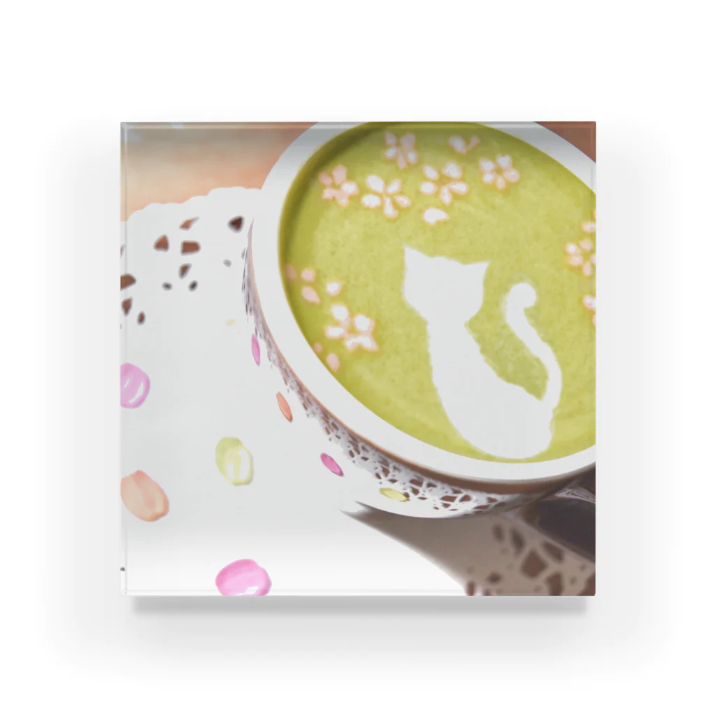 Prism coffee beanの【ラテアート】桜と白猫の抹茶ラテアート アクリルブロック
