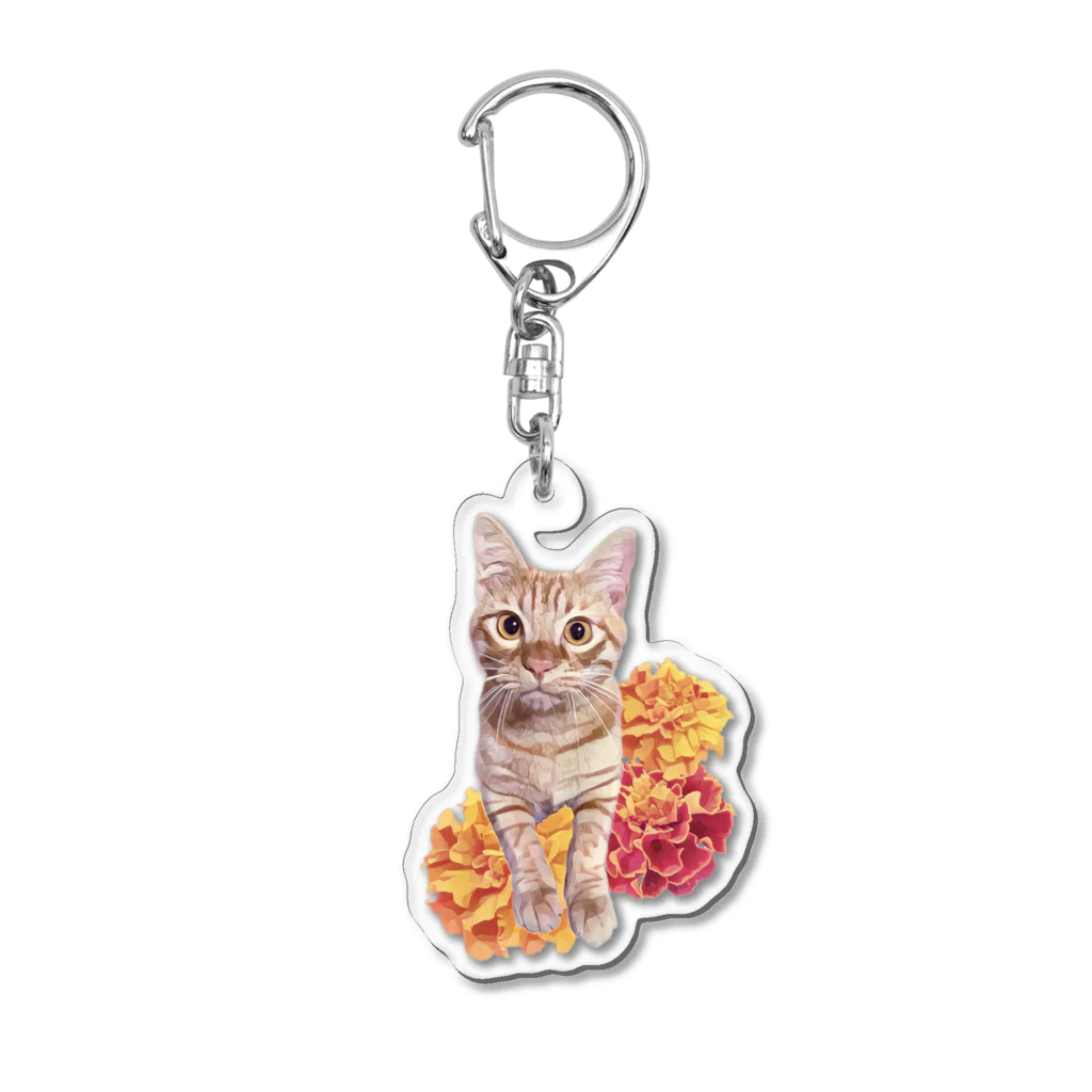 ねこやの茶トラ猫とマリーゴールド Acrylic Key Chain