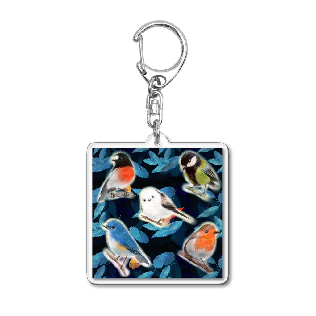 NORIMA'S SHOP の落ち葉のコラージュとかわいい野鳥たち Acrylic Key Chain