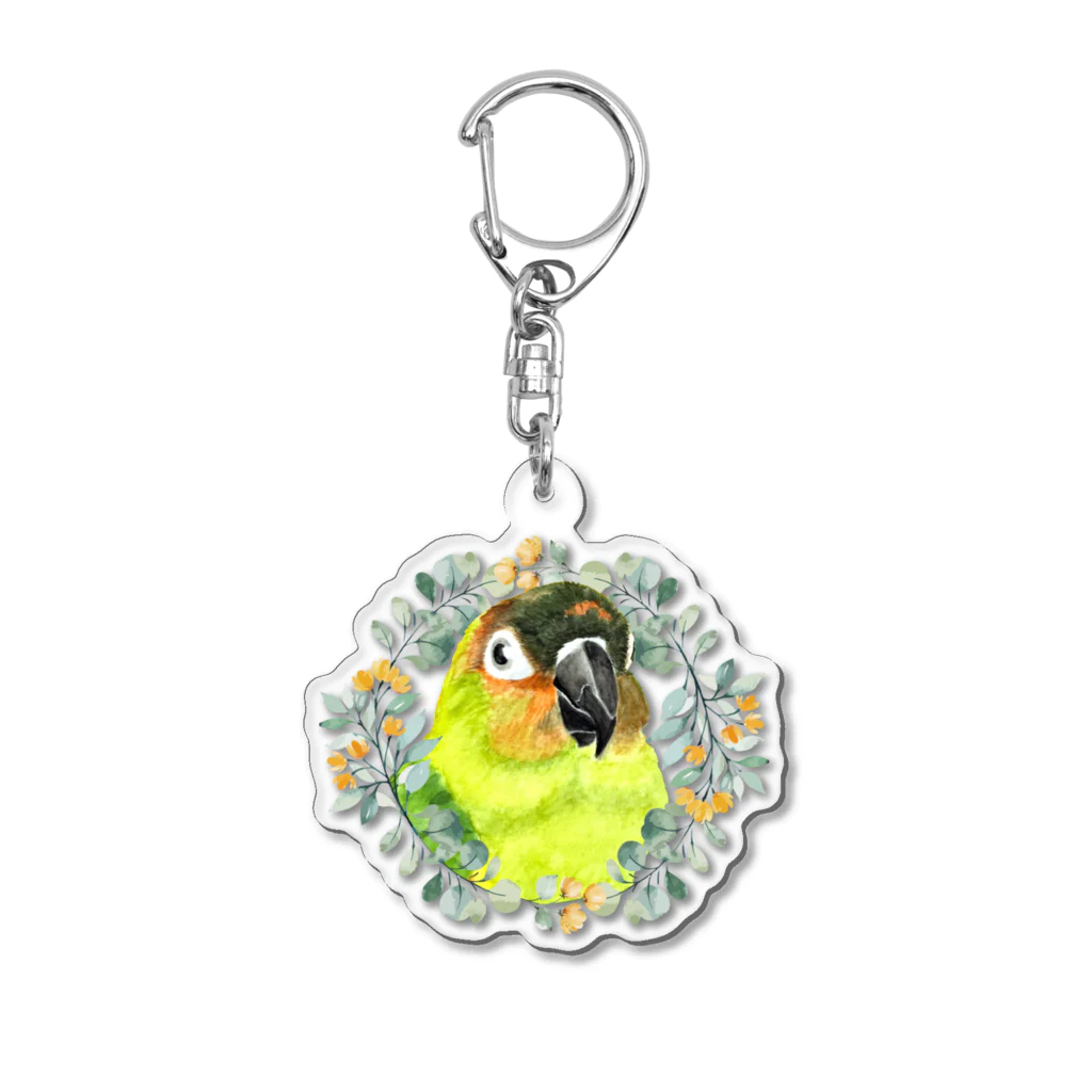 mariechan_koboの020 クロカミインコ(ハイブリッド)　オレンジ小花のリース Acrylic Key Chain