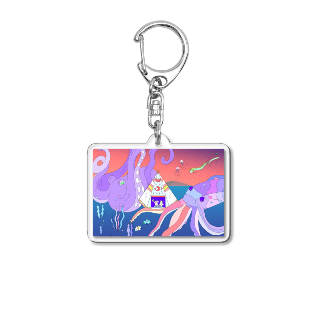 宇宙キャンプの深海でDJするねこ、タコとイカ、クラゲ、リュウグウノツカイ Acrylic Key Chain