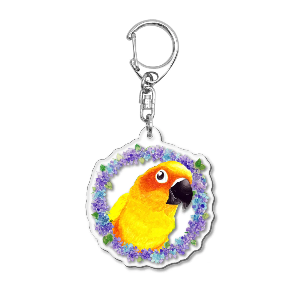 mariechan_koboの019 コガネメキシコインコ③ 紫陽花リース Acrylic Key Chain