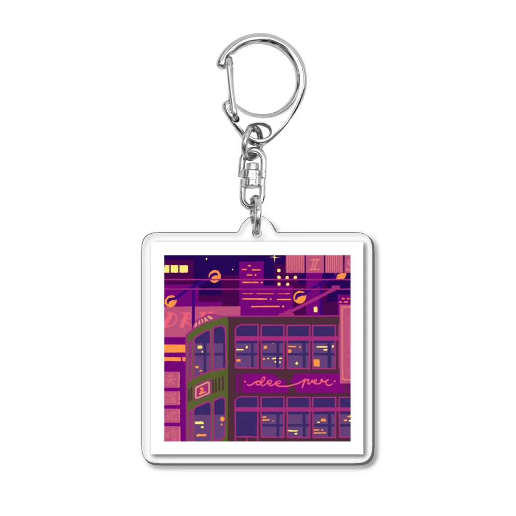 Kaoの店の香港のトラムが走ってる夜中 Acrylic Key Chain