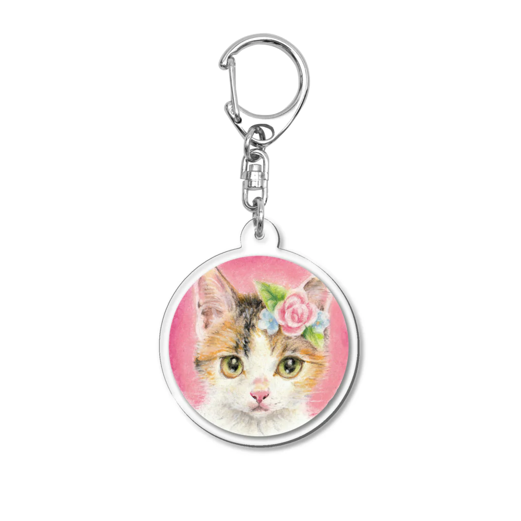 Ａｔｅｌｉｅｒ　Ｈｅｕｒｅｕｘの 花飾りをつけた三毛猫ちゃん　ミニパステル肖像画 Acrylic Key Chain