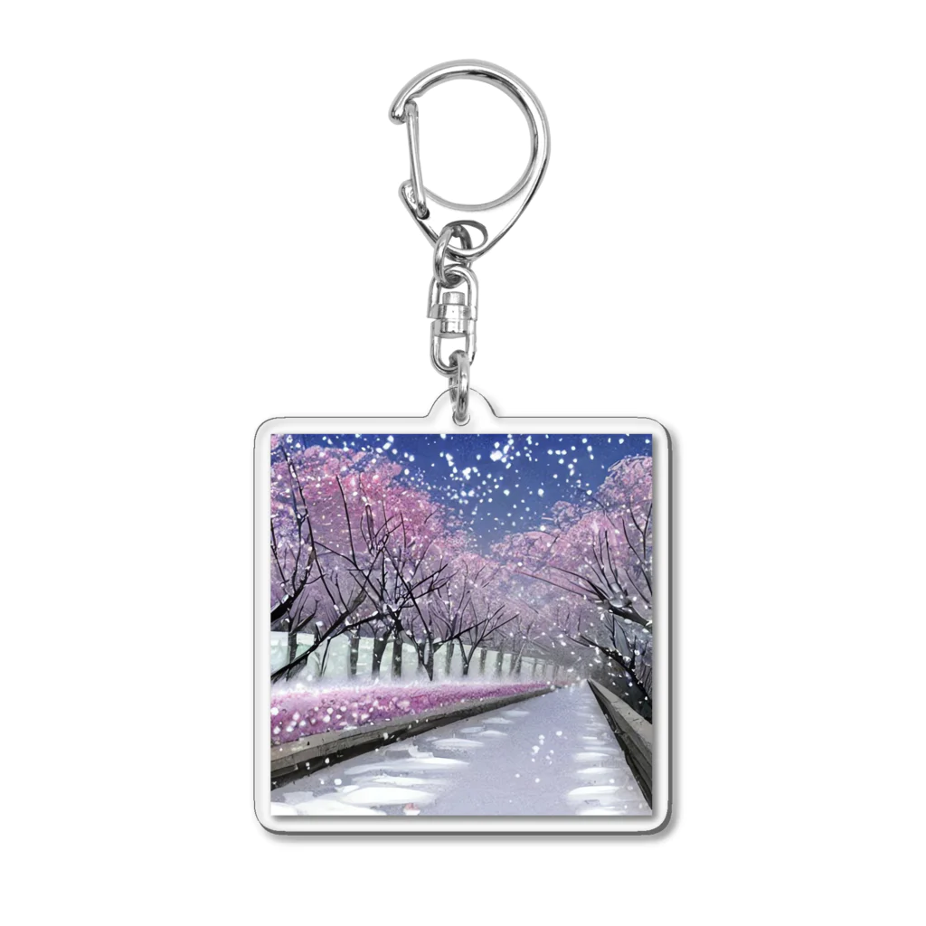 Yossy's Item Factoryの夜の桜並木に雪 Acrylic Key Chain