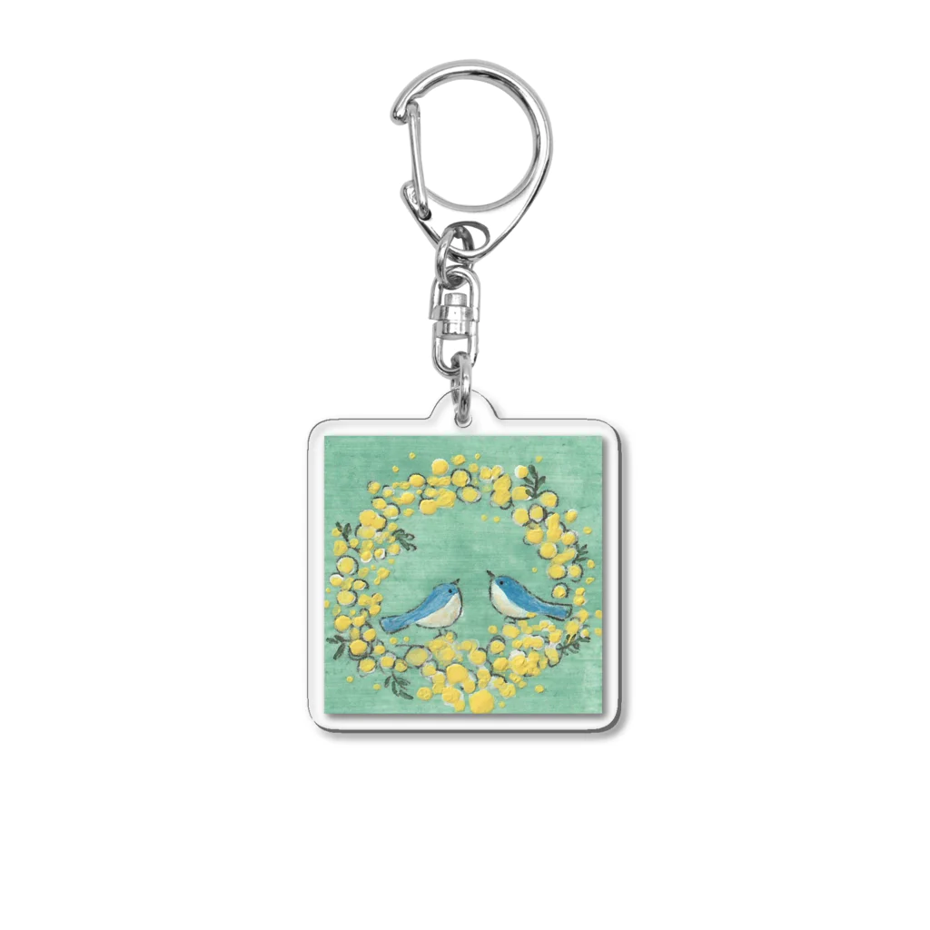 森の中の【日本画原画】ミモザのリースに集うしあわせの青い鳥 Acrylic Key Chain