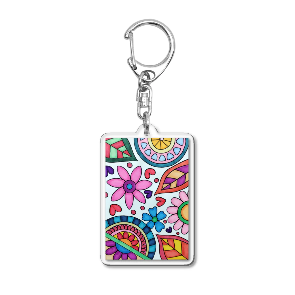 結華の障害者アート 手描きイラスト 花 葉っぱ ハート 水玉 Acrylic Key Chain