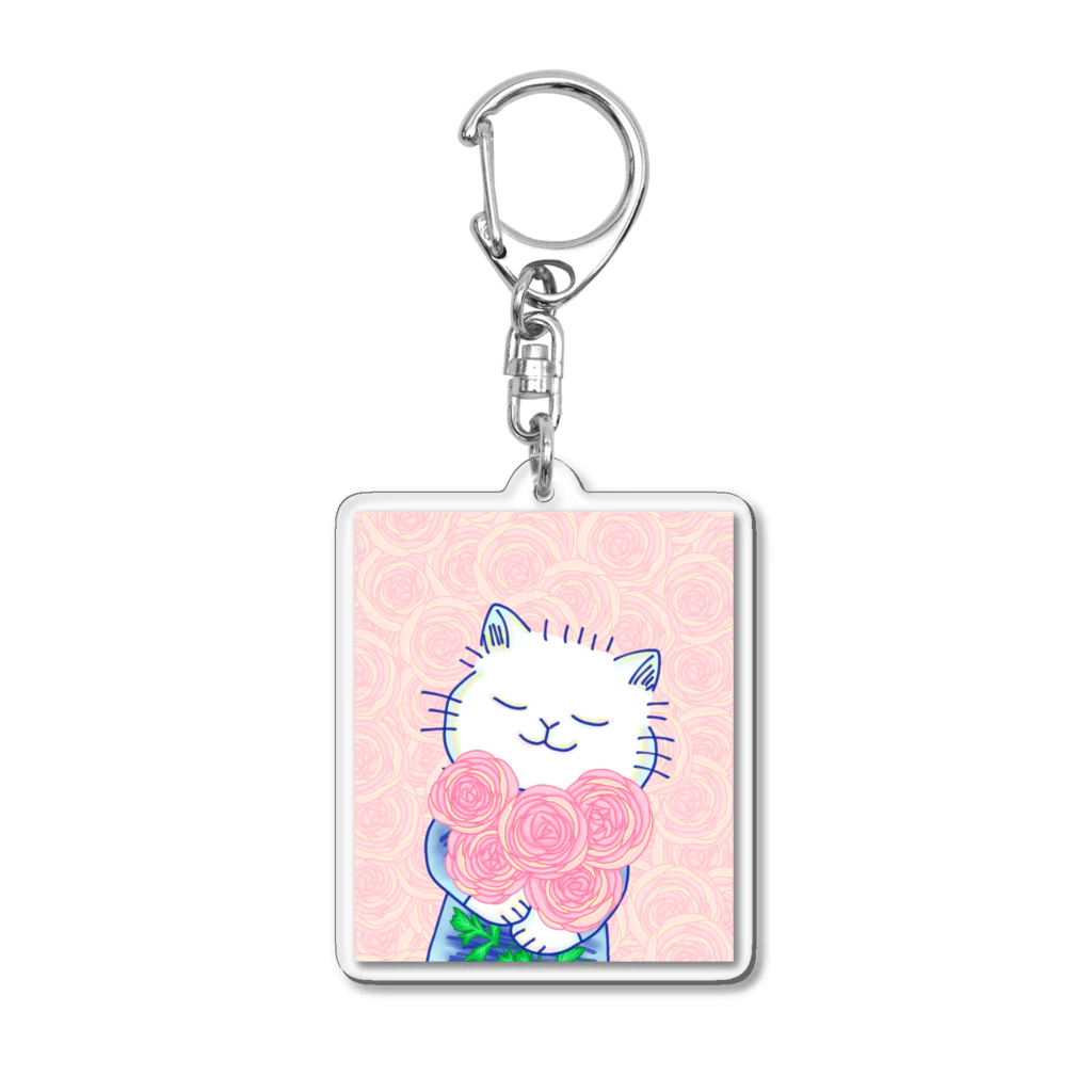 ねこーとさん(ネロリ)のピンクのラナンキュラスとねこーとさん Acrylic Key Chain