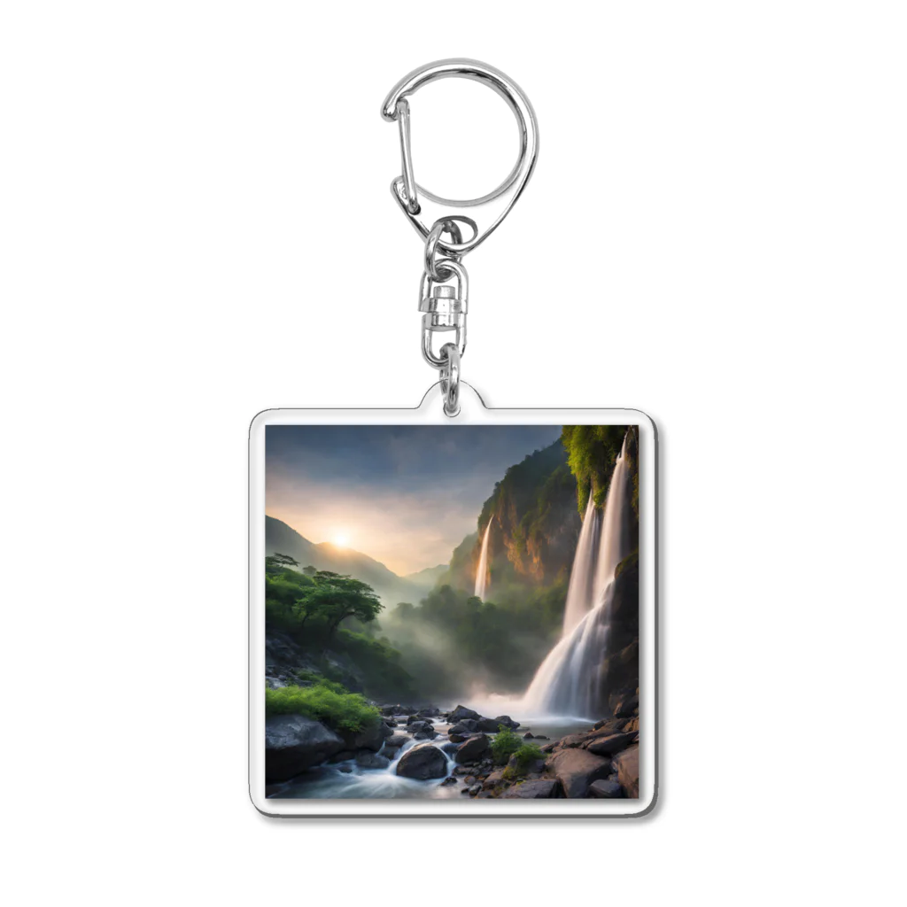 TechArtWorkGalleryの夜明けの滝と山々の美しい自然風景 Acrylic Key Chain