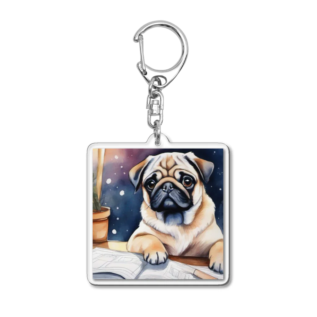 こころやすらぐの水彩子犬　パグ Acrylic Key Chain