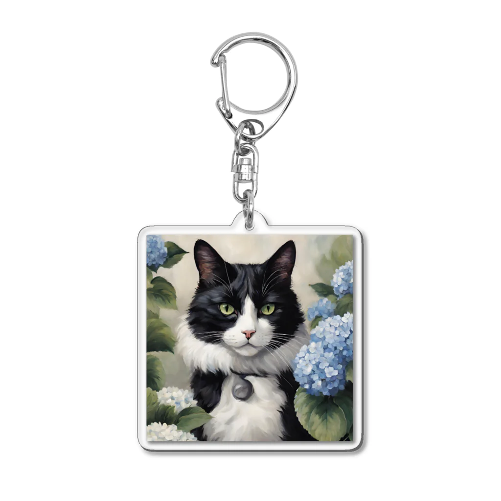 capcat1919のハチワレ猫白黒と紫陽花 Acrylic Key Chain