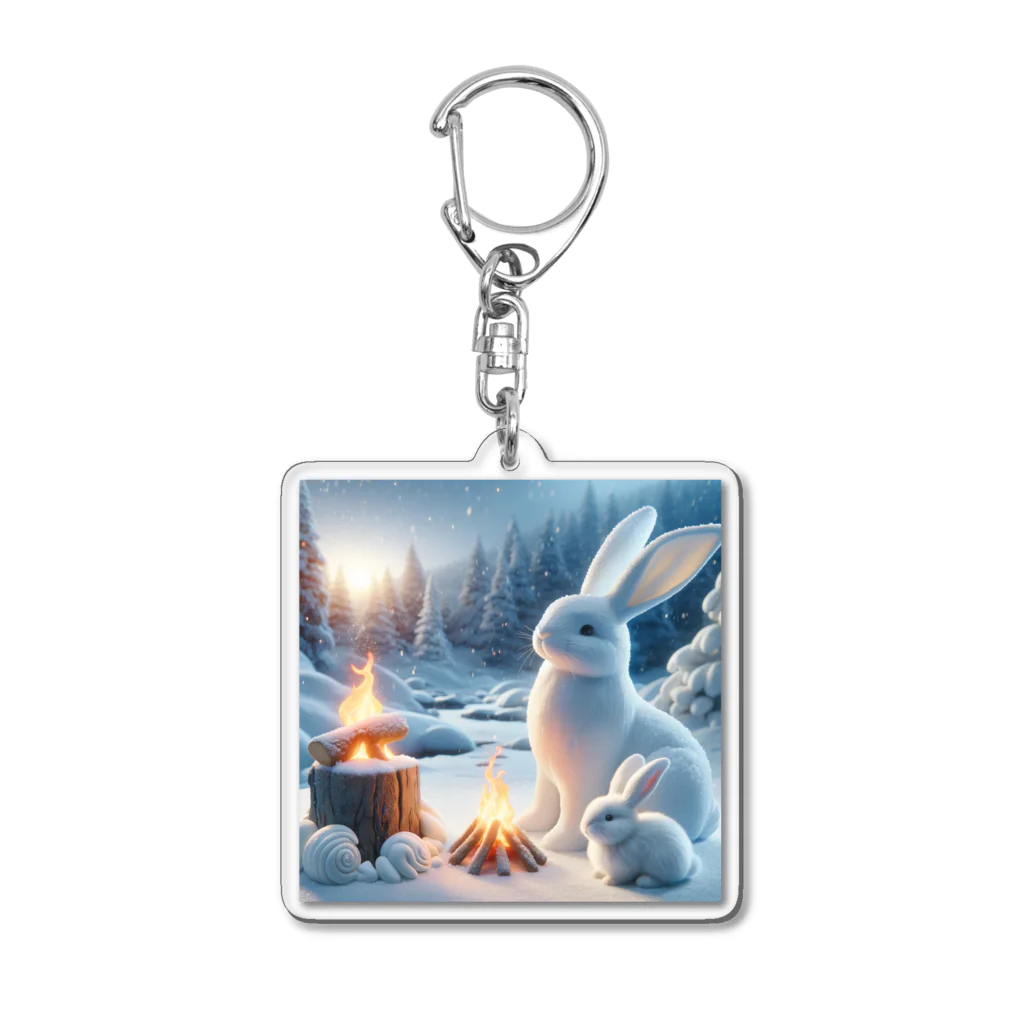 さとさんの雪ウサギと白うさぎと焚火 Acrylic Key Chain