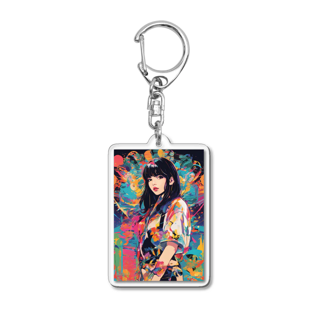 80s pop anime artの黒い背景にカラフルなドレスを着た女性の絵 Acrylic Key Chain