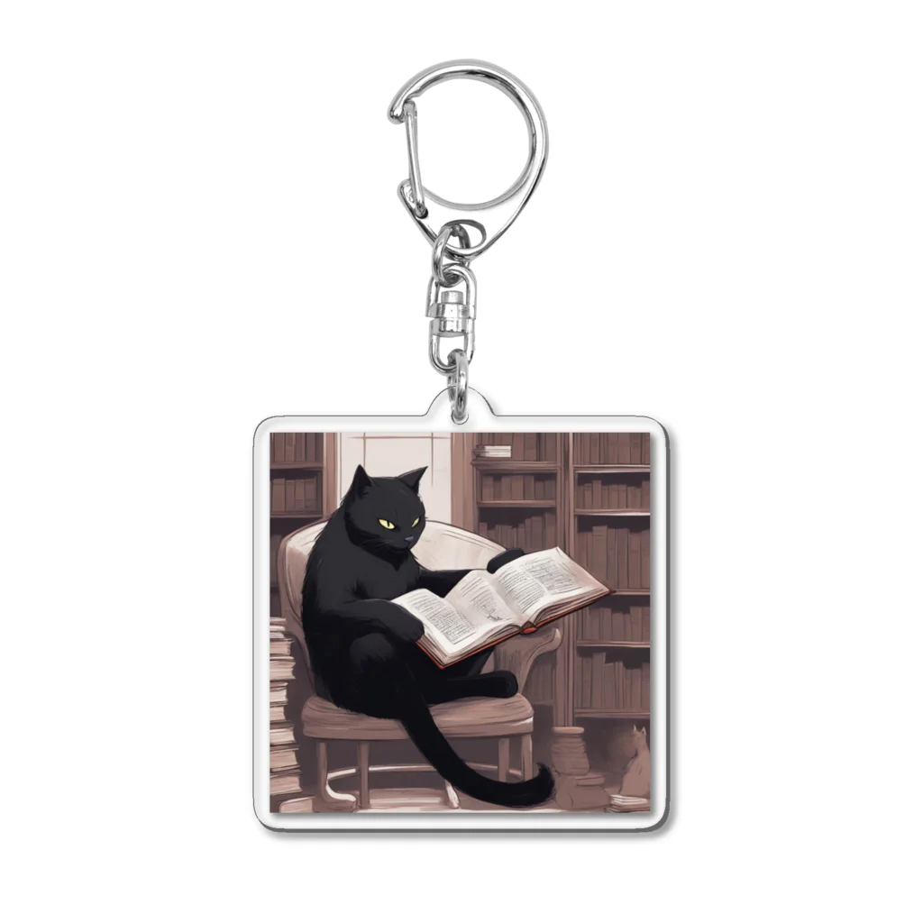 mugcupの本を読む黒猫 Acrylic Key Chain