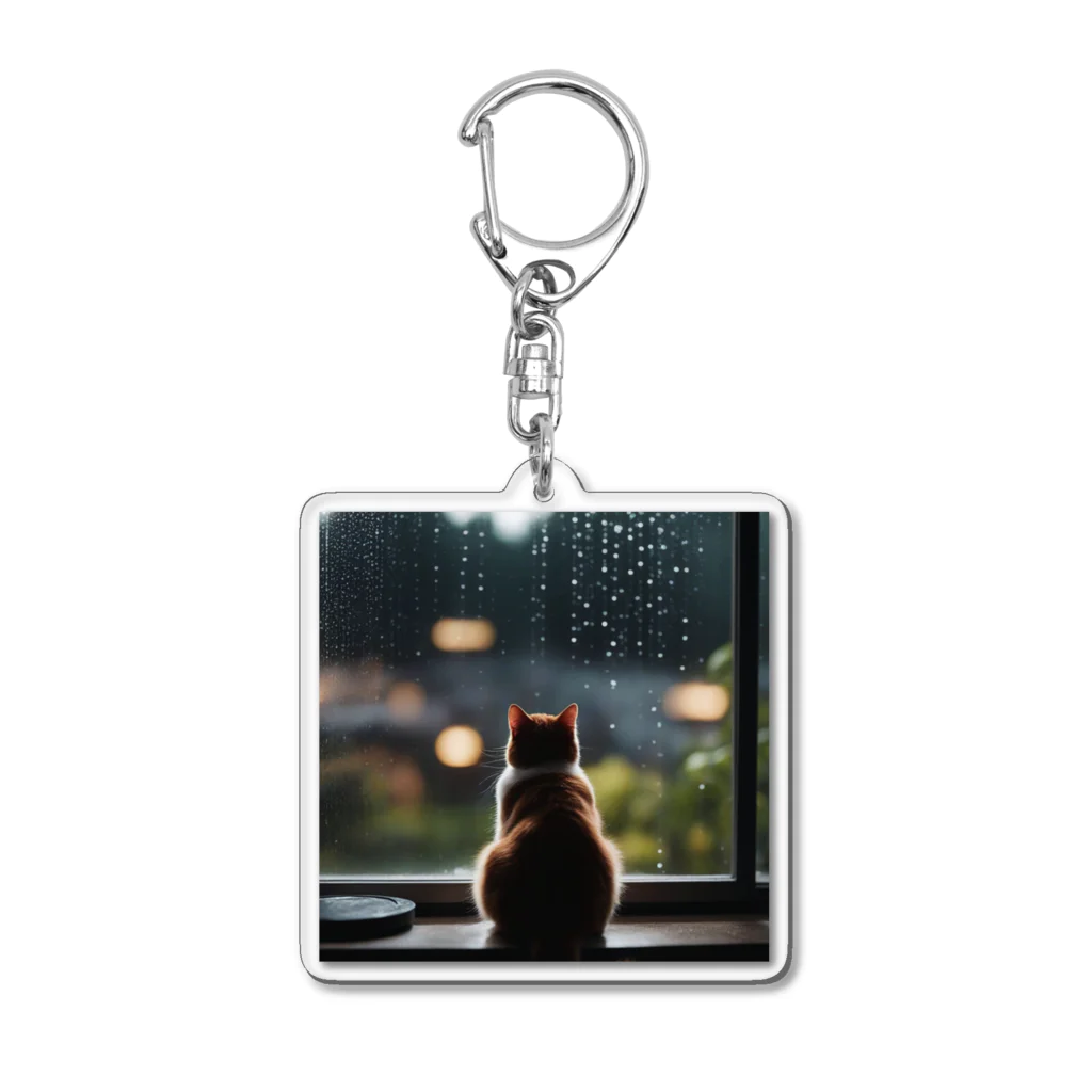 SaltyCookie Design Worksの窓の前で雨を眺めているネコ[カラー] Acrylic Key Chain