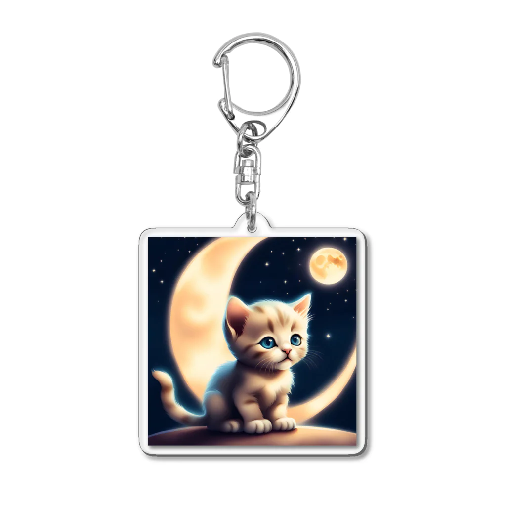 宇宙と猫の月を見る子猫 Acrylic Key Chain