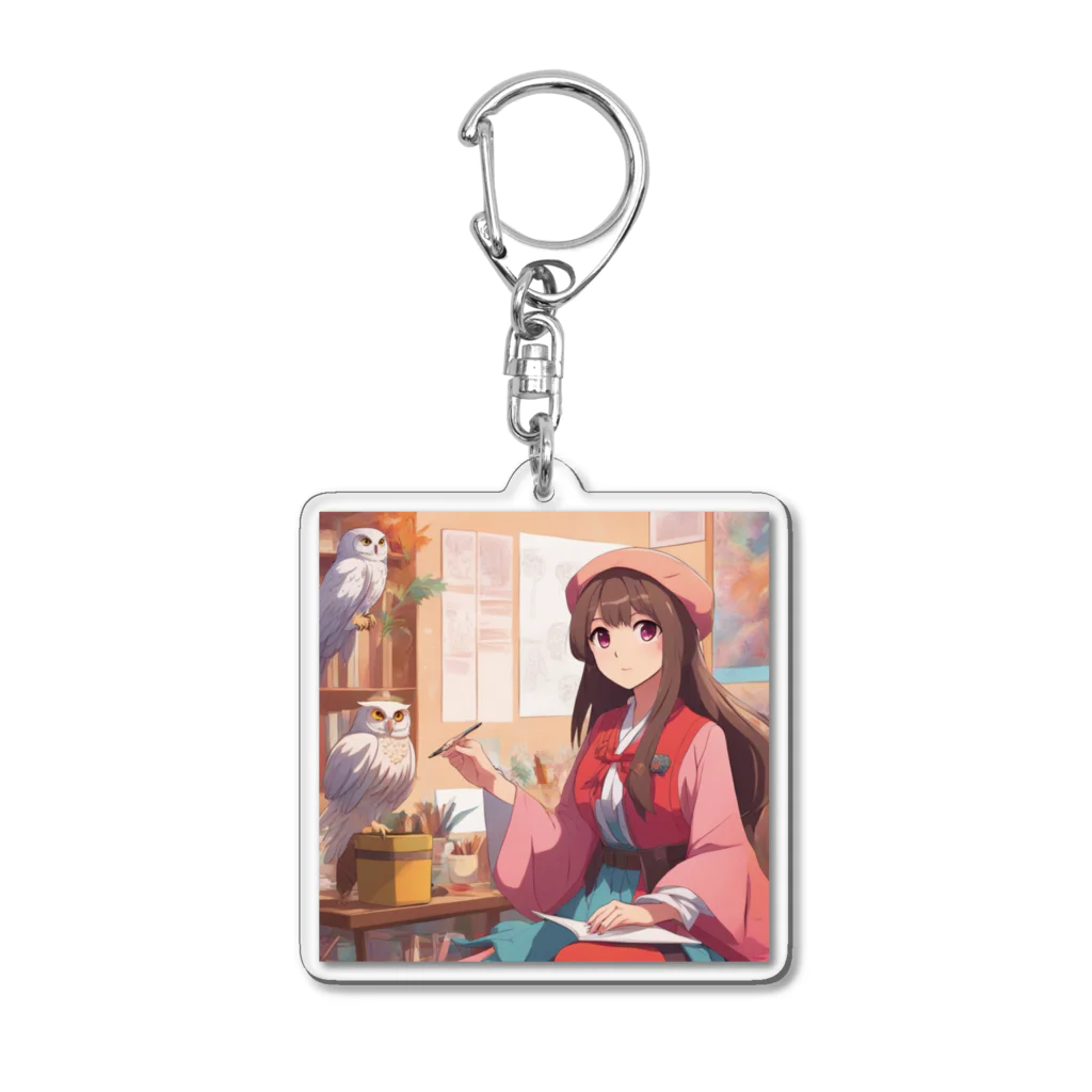 Koyo3181のフクロウと一緒にアートワークショップを開催する女性 Acrylic Key Chain