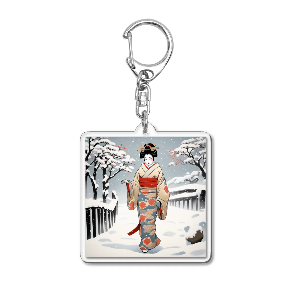 日本の風景 COOL JAPANの日本の風景、冬雪降る中を歩く舞妓さん　MAIKO walking in the snow Acrylic Key Chain