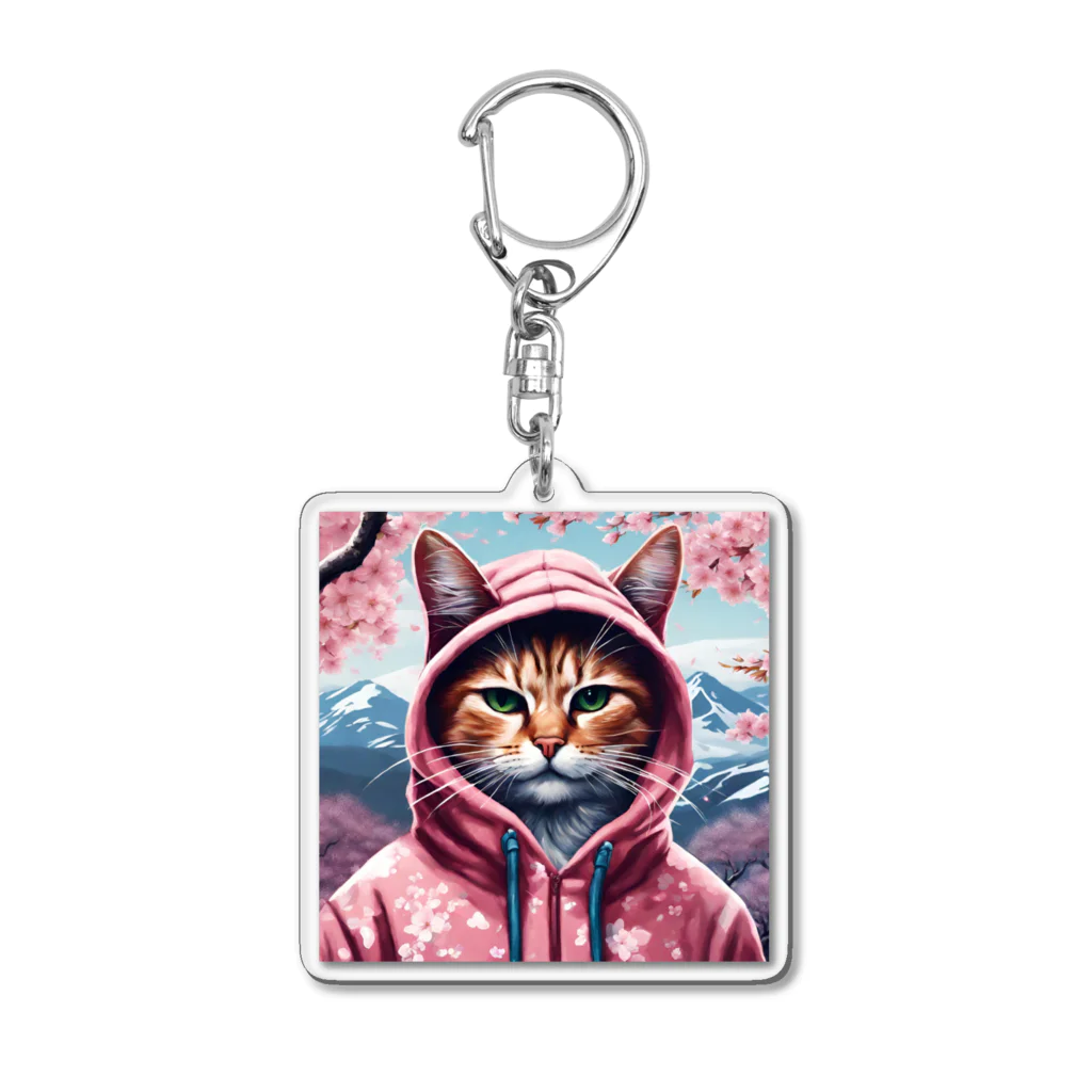 オシャンな動物達^_^の桜舞うなかオシャン猫 Acrylic Key Chain