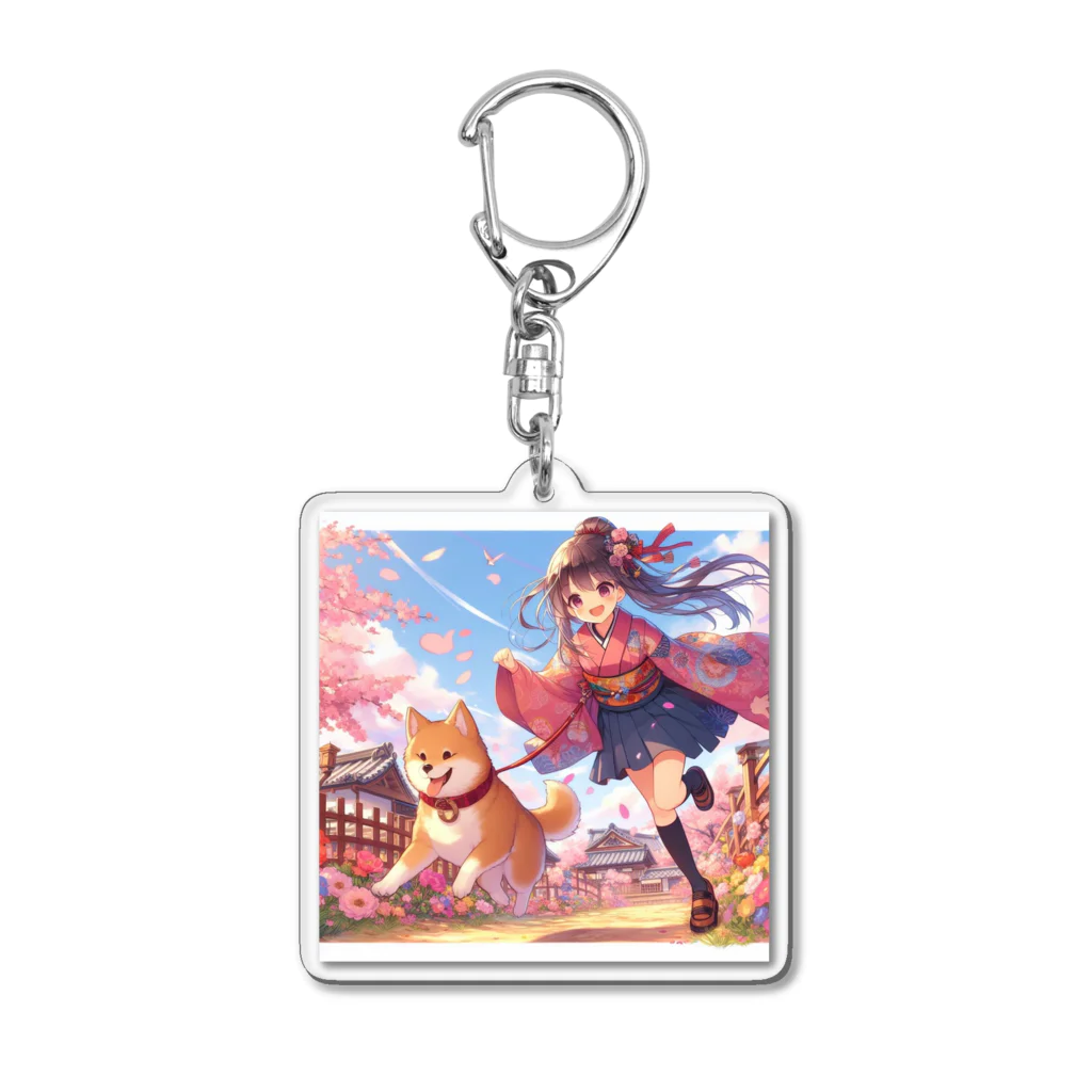 推しの美少女とアイドルの桜の中を犬と走る女の子 Acrylic Key Chain