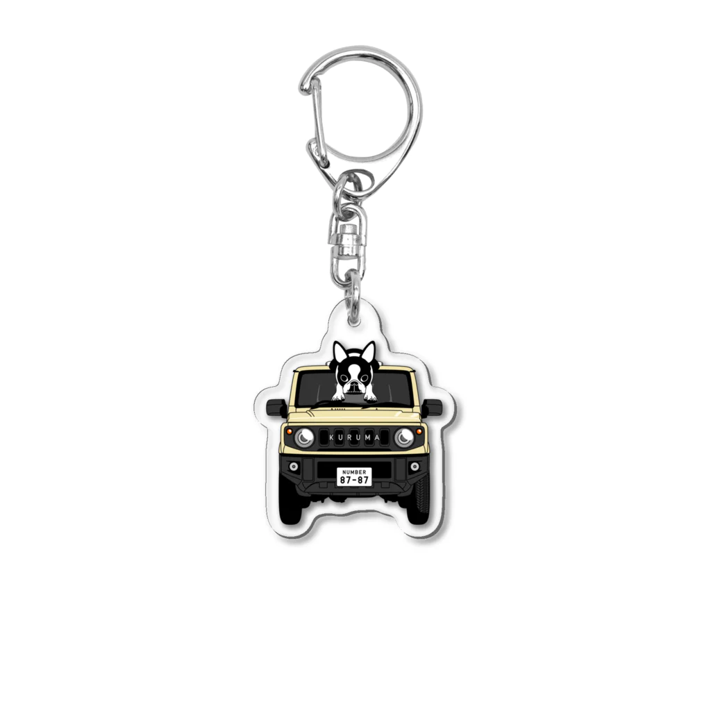 コチ(ボストンテリア)の小物用:鼻ぺちゃ犬と車(ベージュ)[v3.7.5k] Acrylic Key Chain