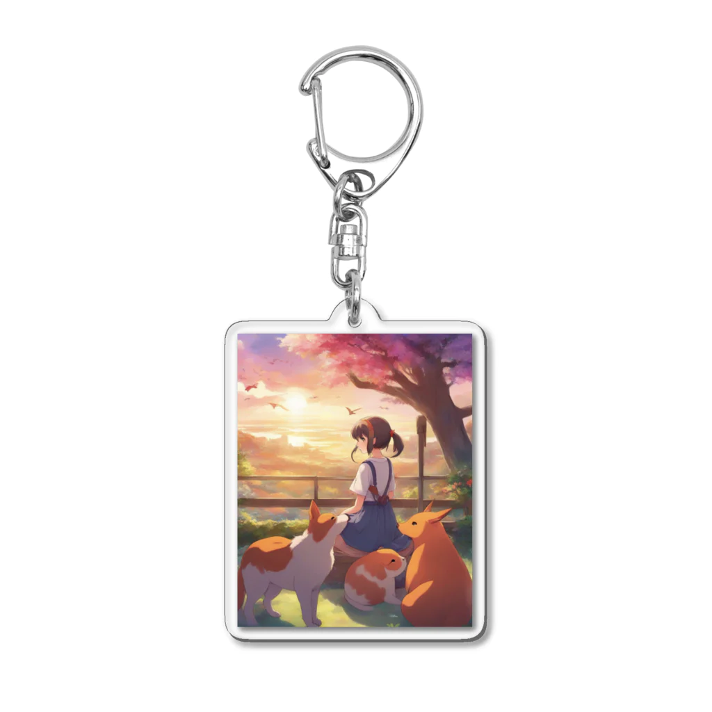 ノートニーの女の子と動物、眺める夕日 Acrylic Key Chain