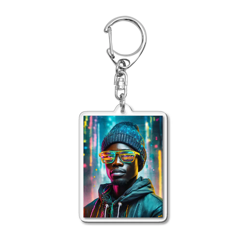 Colorful Canvasのネオンをバックにしているクールな青年 Acrylic Key Chain