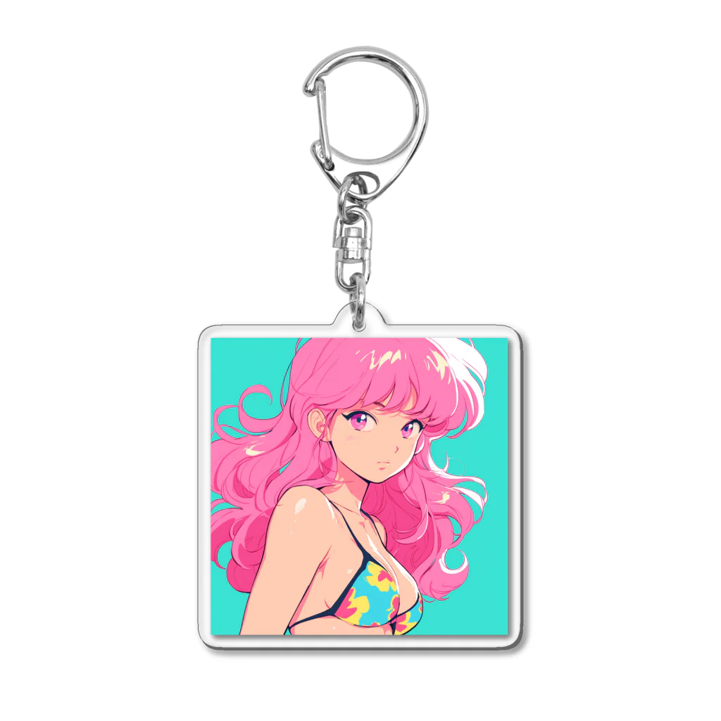 toya-General storeのピンクヘアーレトロガール Acrylic Key Chain