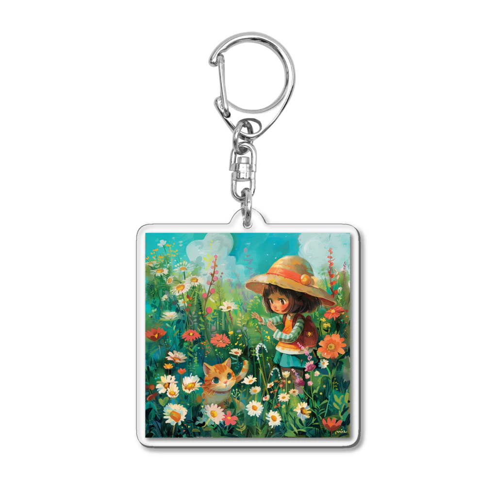 AQUAMETAVERSEのお花畑に囲まれる猫ちゃんと私 アメジスト 2846 Acrylic Key Chain