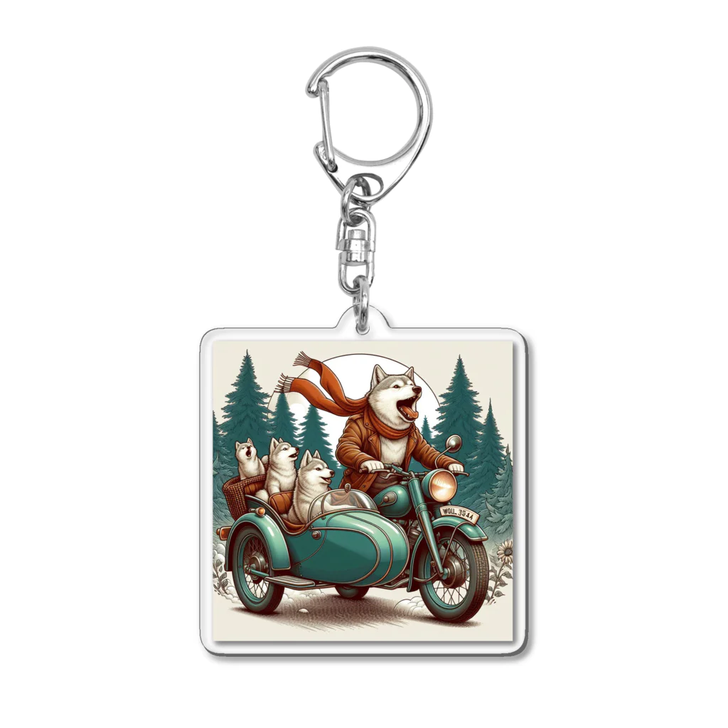 シマのバイクに乗る狼の親子 Acrylic Key Chain