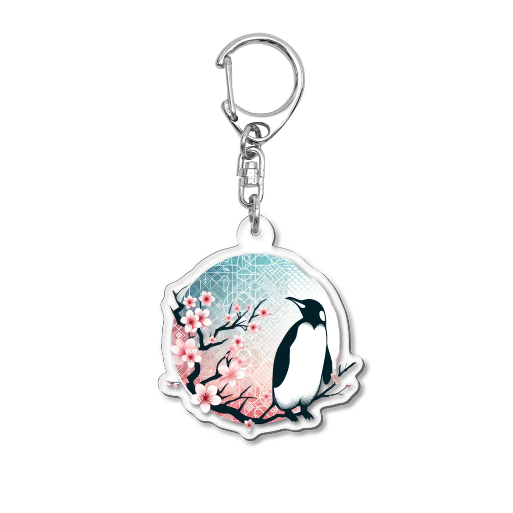 Green__teaのペンギンと桜サークル Acrylic Key Chain