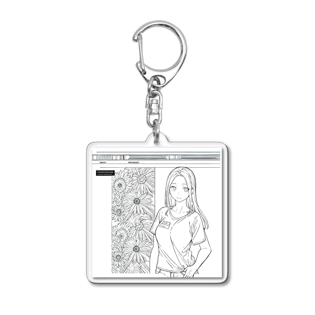 猫集めの爽やかな女性が描かれた線画 Acrylic Key Chain