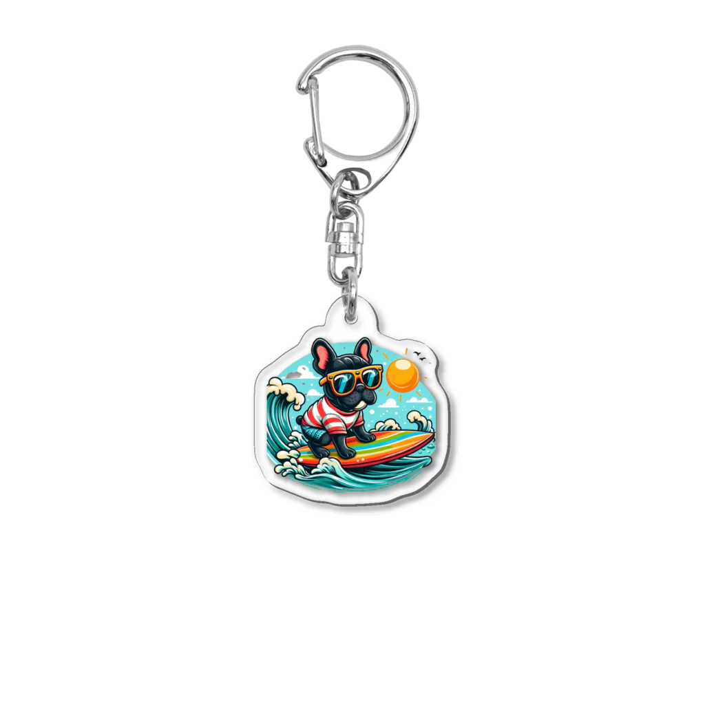 Surfing Dogの波乗りフレンチブルドッグ Acrylic Key Chain