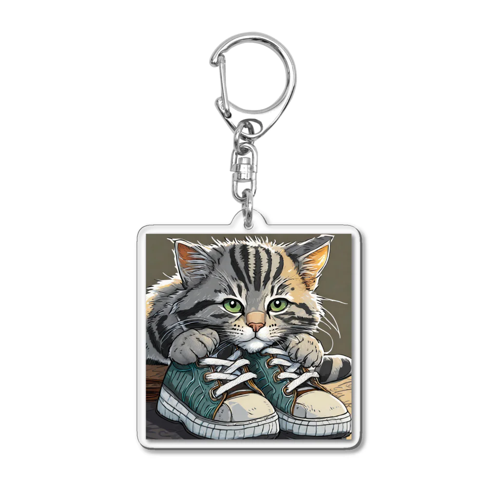 yoiyononakaのスニーカーと虎縞灰猫02 Acrylic Key Chain