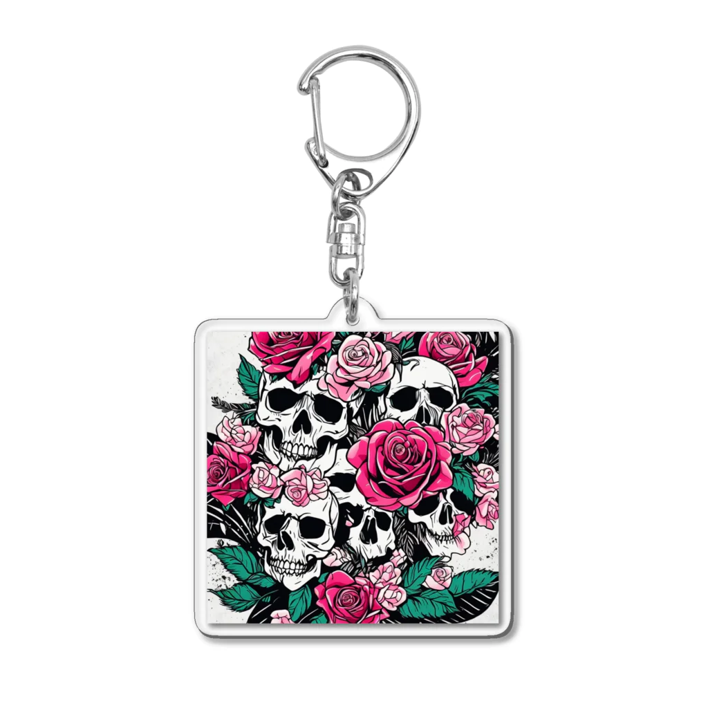 ピンクリボンの薔薇髑髏01 Acrylic Key Chain