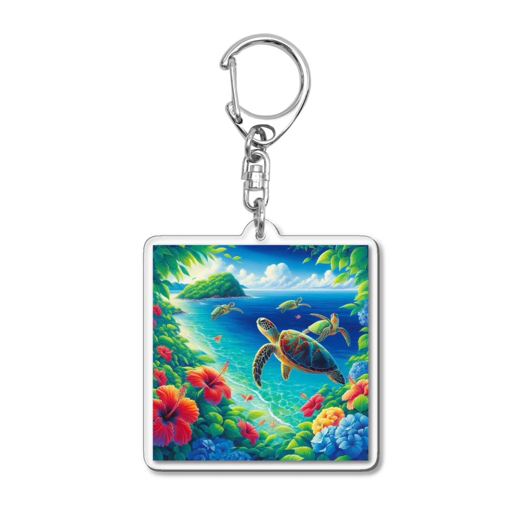 日本の風景 COOL JAPANの日本の風景:沖縄渡嘉志久ビーチの泳ぐ海がめ、Japanese scenery: Sea turtles swimming at Tokashiki Beach,Okinawa Acrylic Key Chain