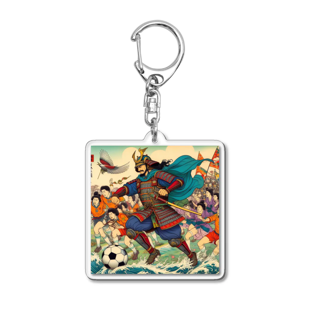 日本の風景 COOL JAPANの日本の昔と今が混在した光景:サッカーに興じる戦国武将、Japanesescenery:Sengoku warlords enjoying soccer Acrylic Key Chain