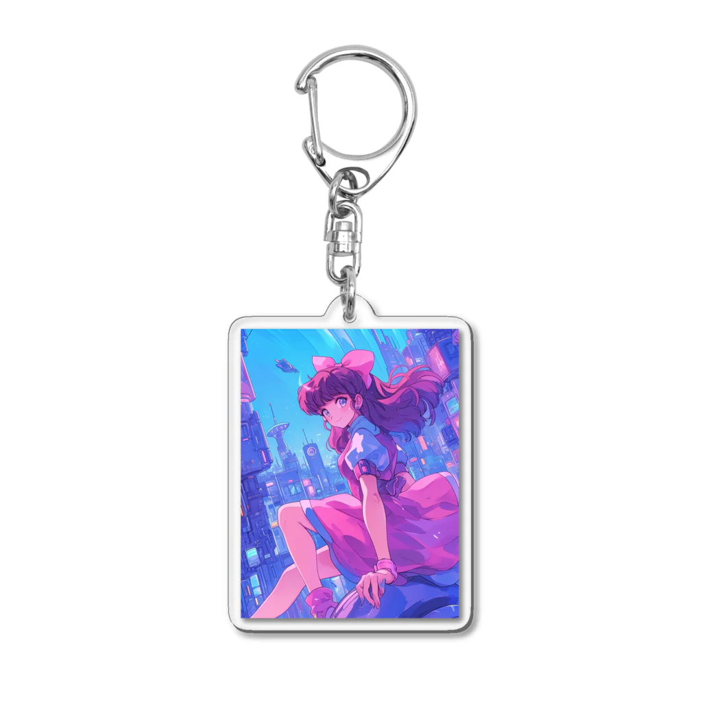 シロクマペンギンの昭和レトロアニメ風近未来ガール Acrylic Key Chain